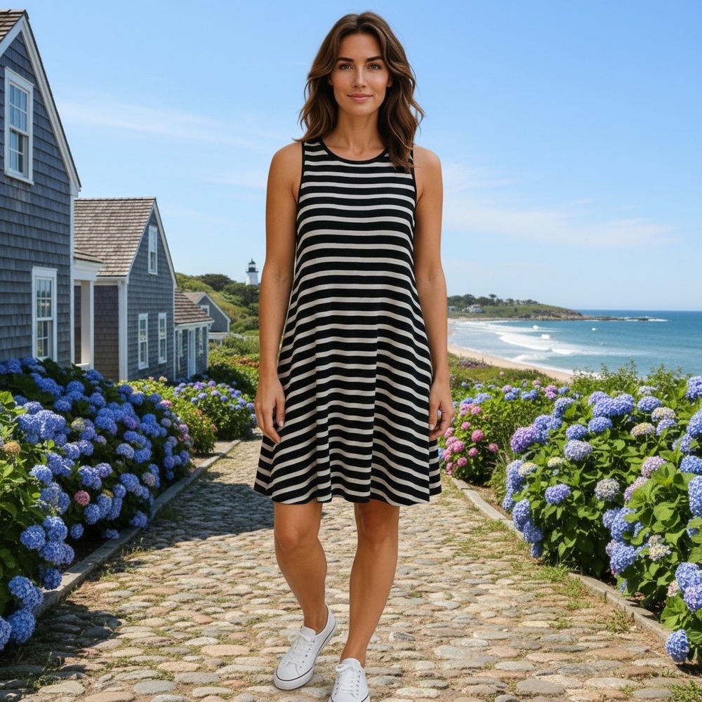 NWT NIC+ZOE Women’s A- Line Sunset Sleeveless Striped Dress‎ Casual Cotton Comfy